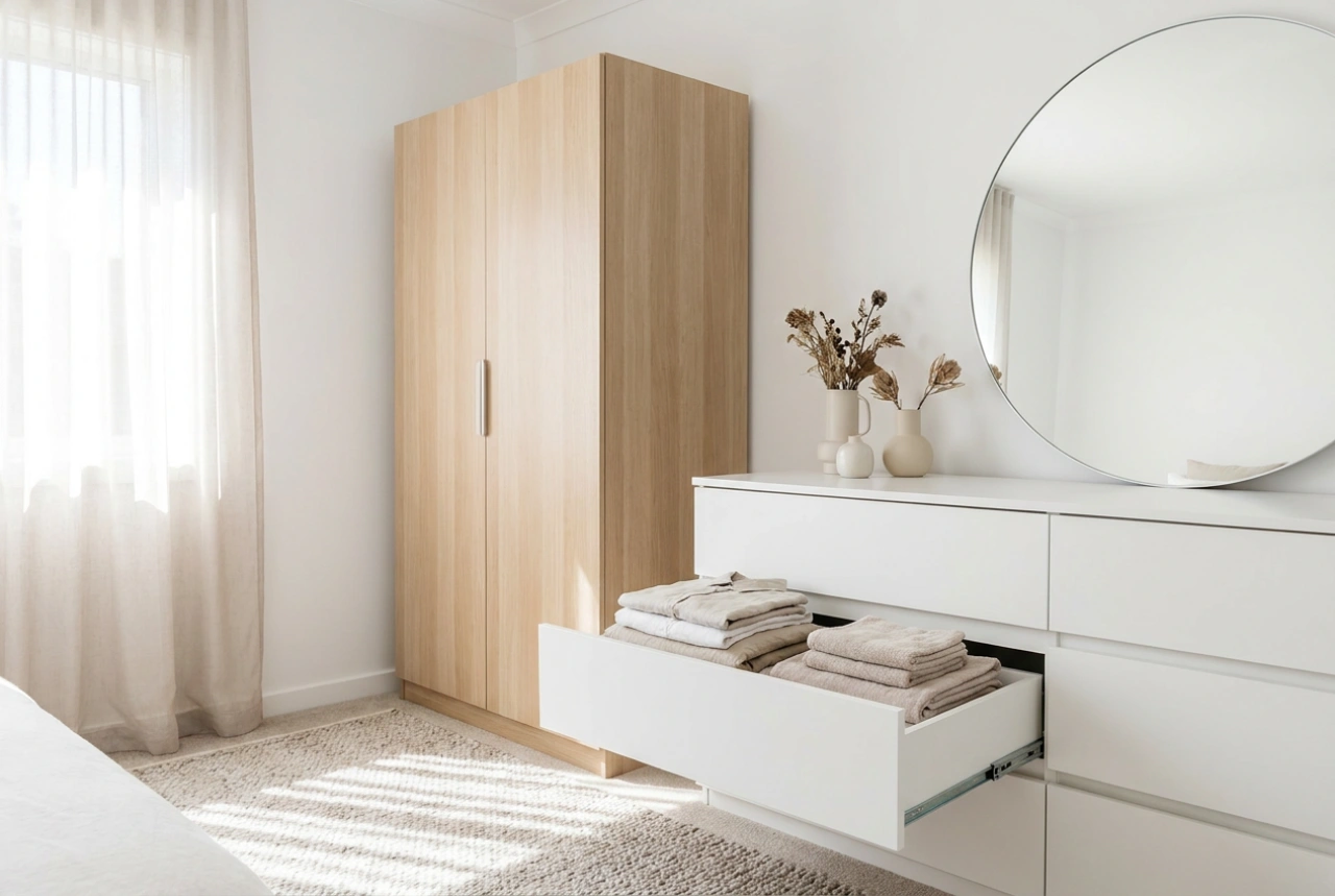 Kledingkast en commode slim opstellen in de slaapkamer voor optimaal opberggemak