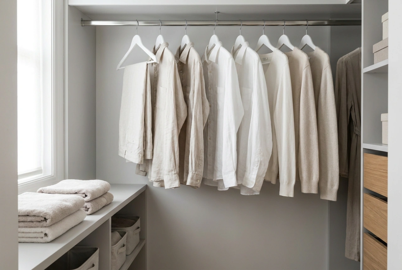 Witte kledinghangers en een uniform opbergsysteem voor de kledingkast