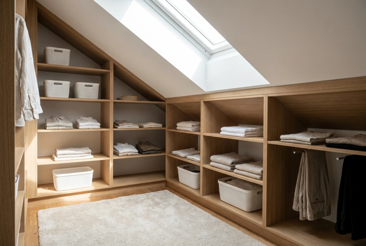 Kleine zoldergarderobe met schuine daken en slimme plankensystemen