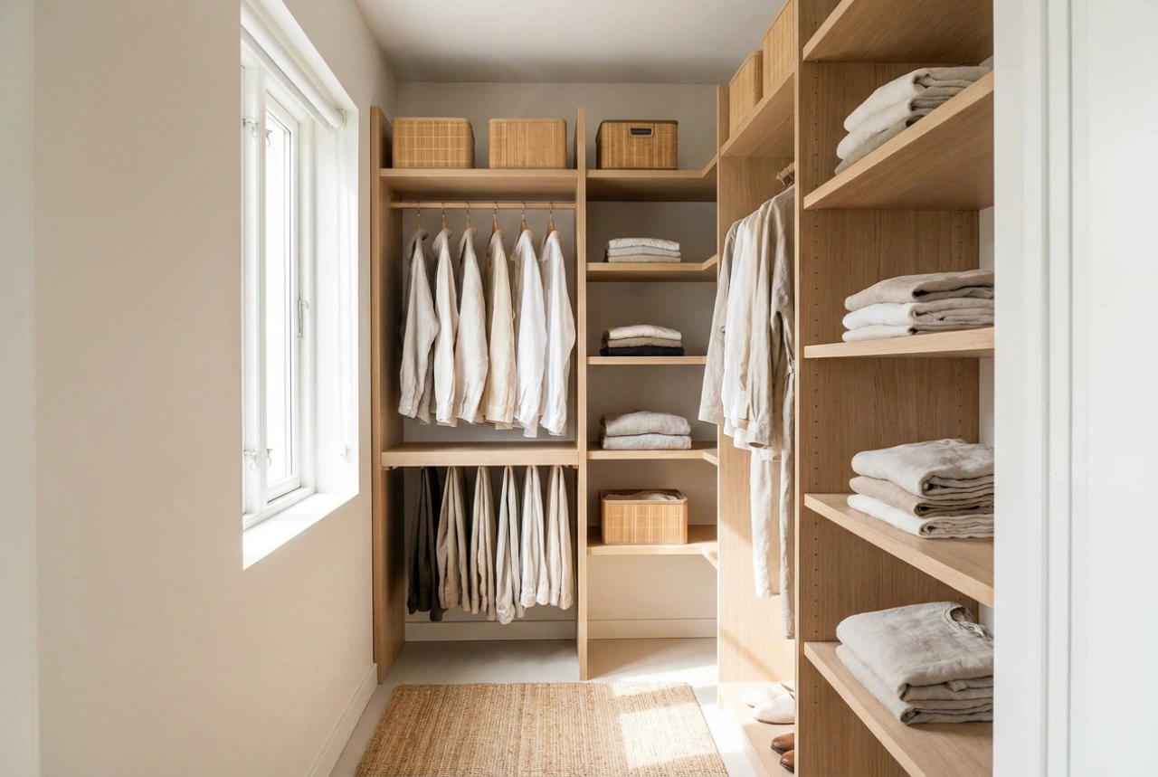 Een smalle garderobe inrichten in de slaapkamer zonder ruimteverlies voor het bed