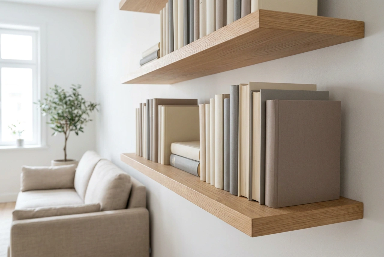 Zwevende boekenplanken en de principes van een lichte thuisbibliotheek