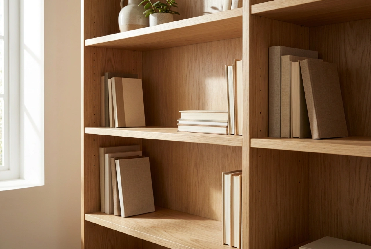 Houten boekenkasten en een indeling die het schoonmaken vergemakkelijkt