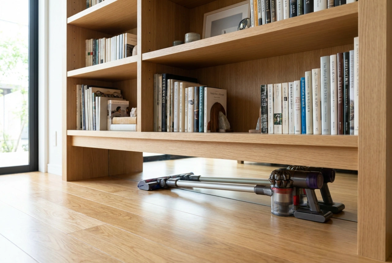 Houten boekenkasten en een slimme opstelling voor eenvoudig stofzuigen
