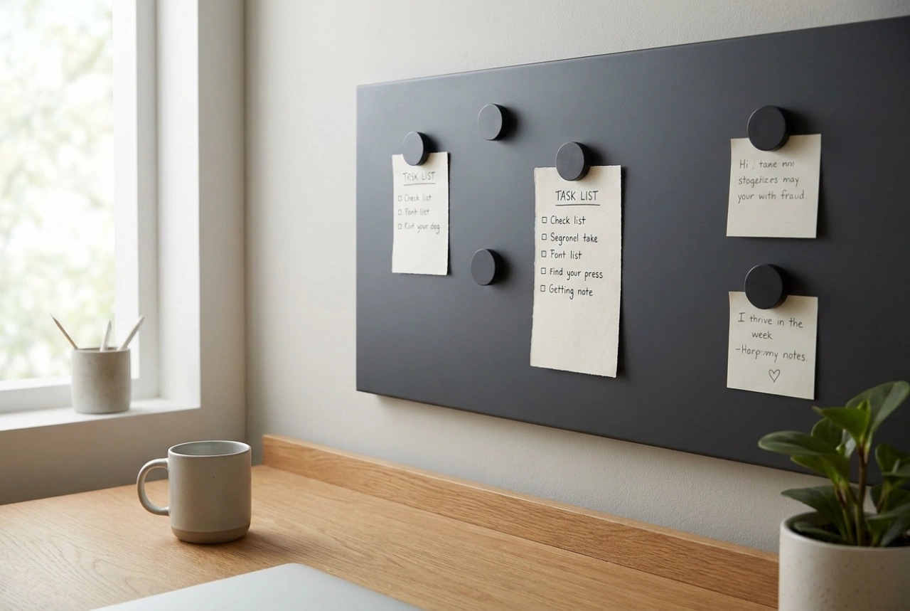Een praktische indeling van het magneetbord boven uw bureau voor dagelijkse taken