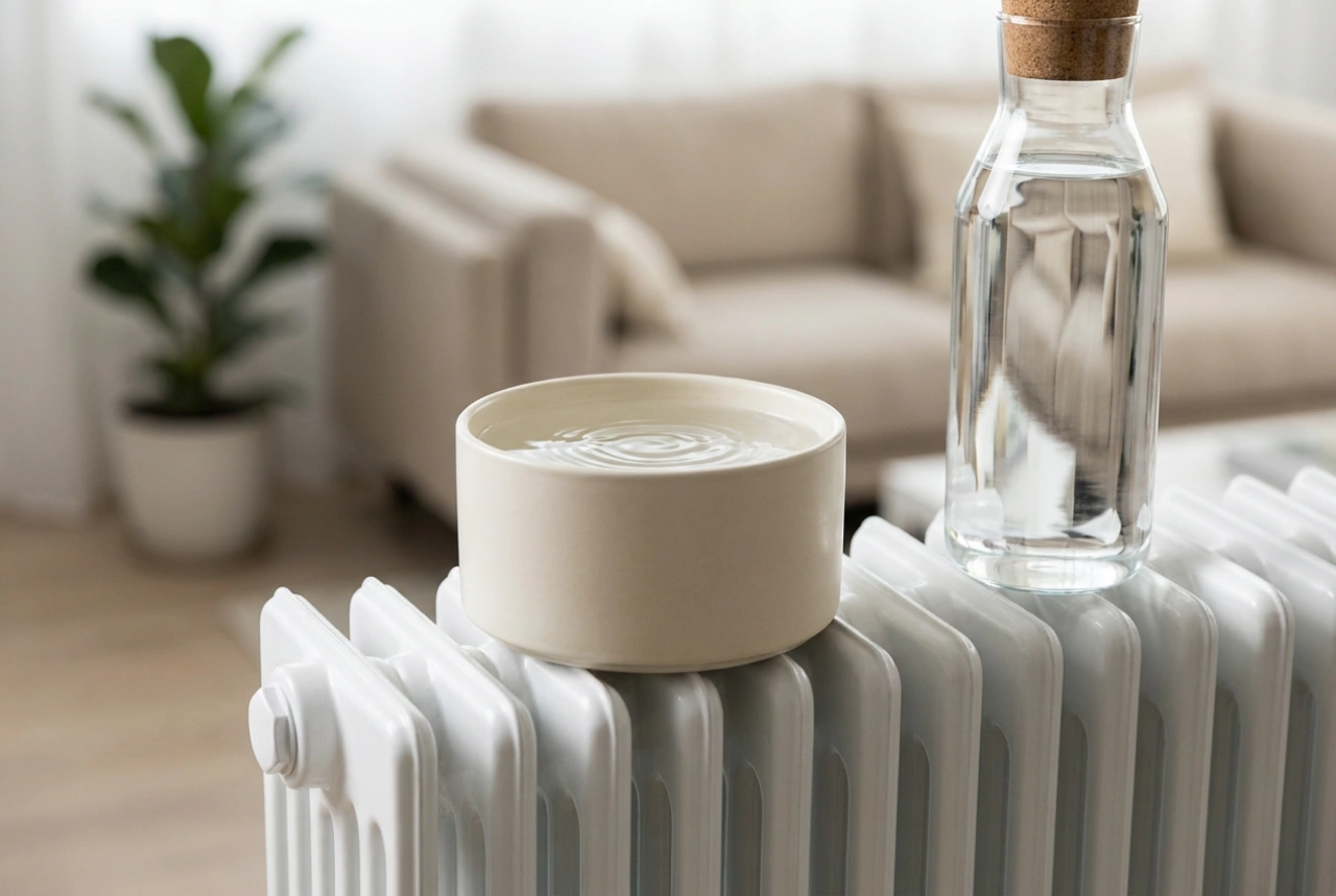 Luchtbevochtiger voor de radiator en de regels voor schoon water