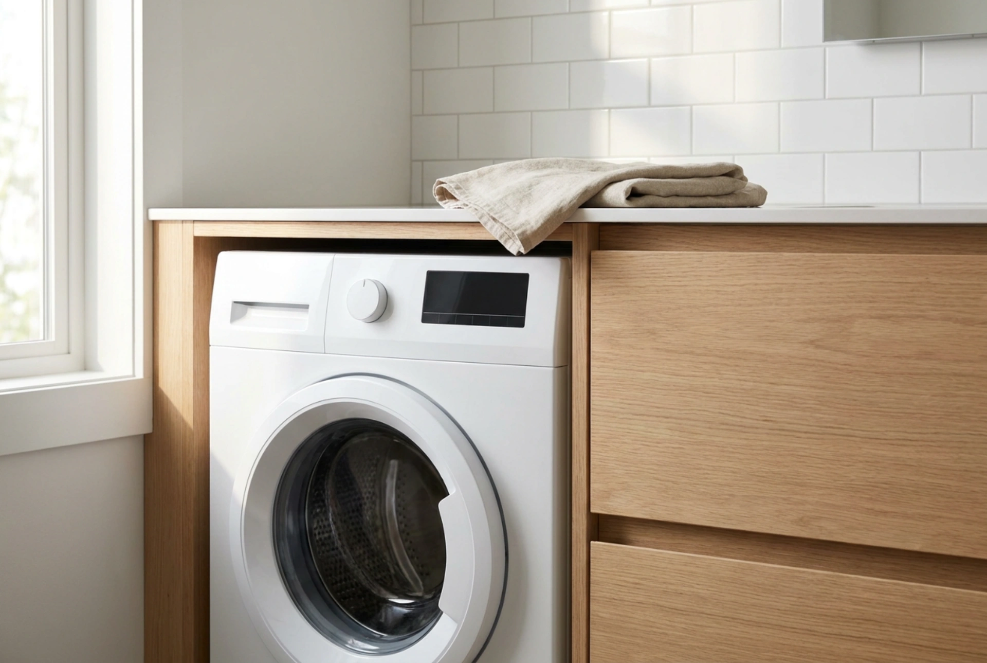 Kleine voorlader wasmachine in een praktisch badkamerontwerp