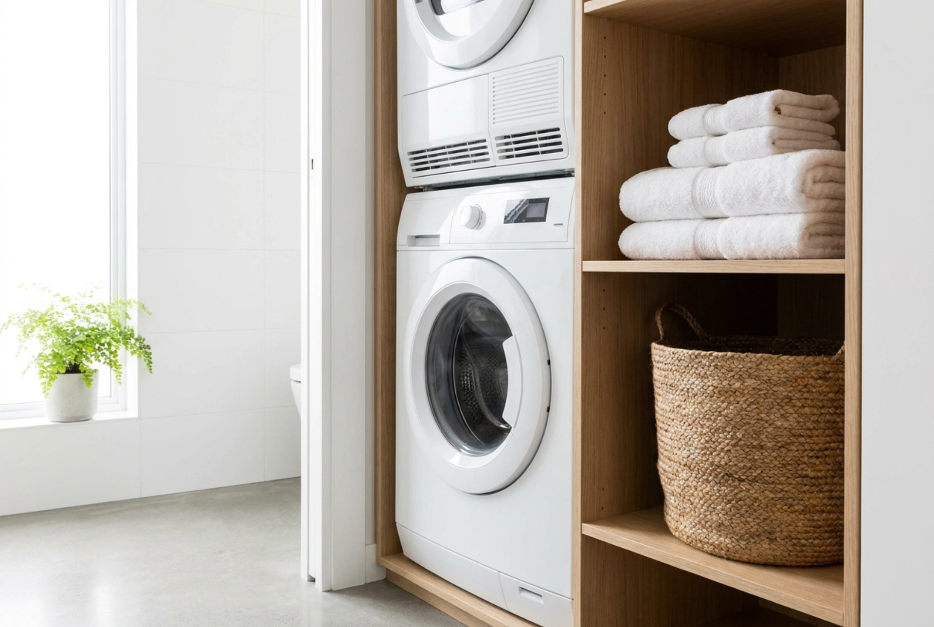 Wasmachine en droger in een kleine badkamer zonder chaos en vocht