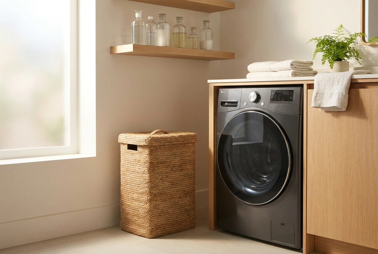 Wasmachine in een kleine badkamer met ruimte voor een wasmand en wasmiddelen