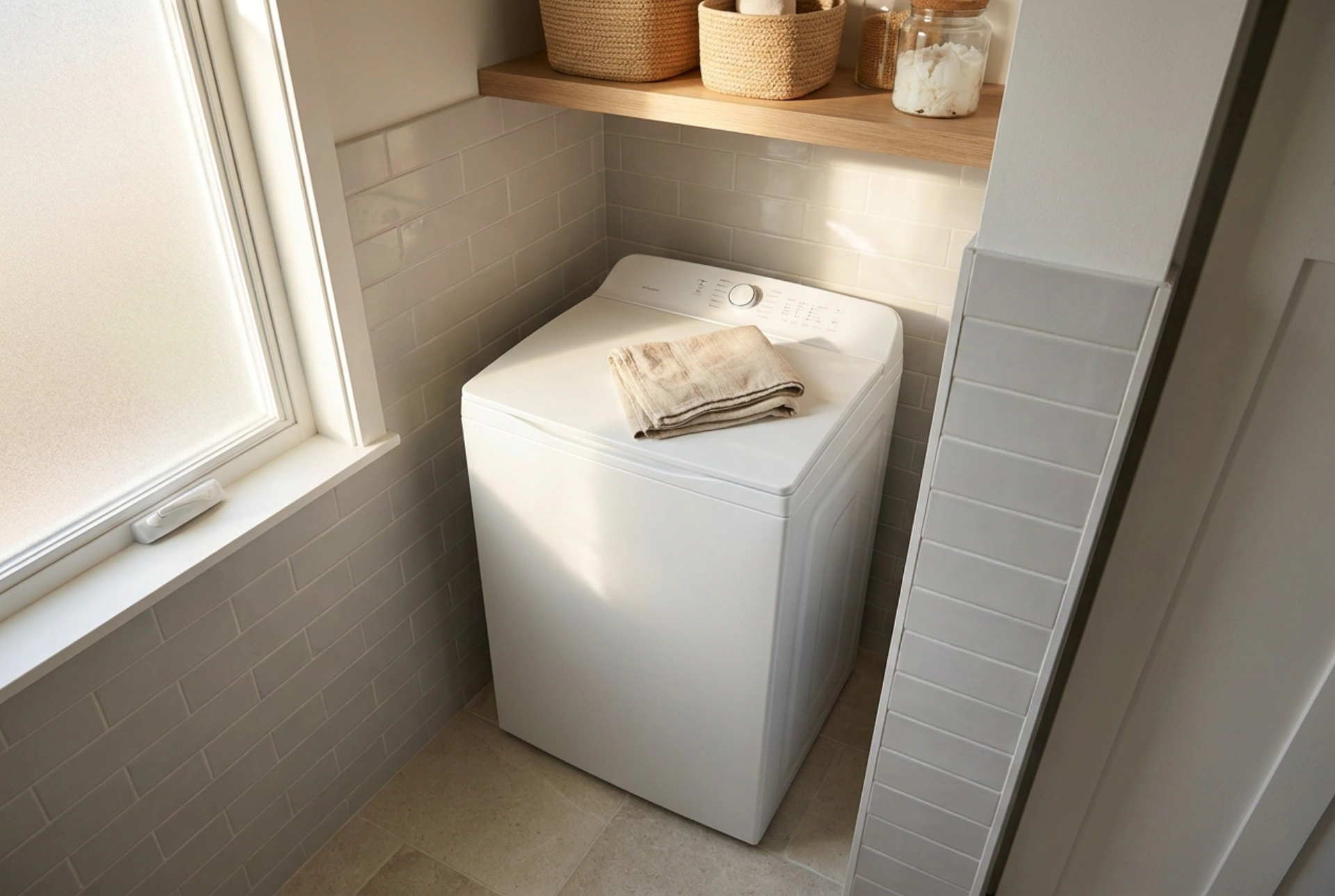 Smalle bovenlader wasmachine in een badkamer met een kleine nis