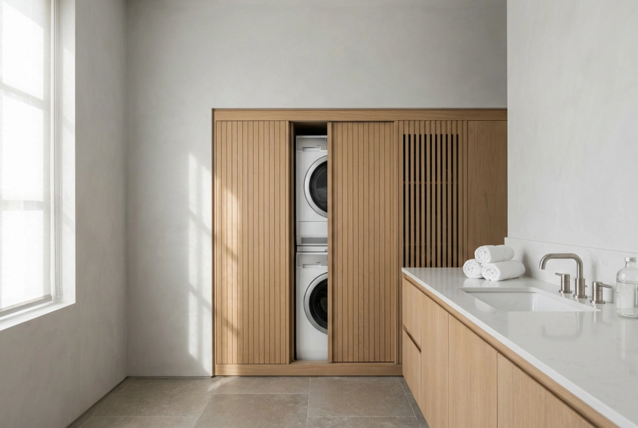 Ingebouwde wasmachine in de badkamer met goede meubelventilatie