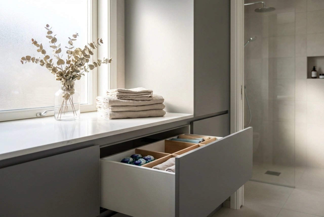 Praktische en vochtbestendige wasmachine ombouw in de badkamer